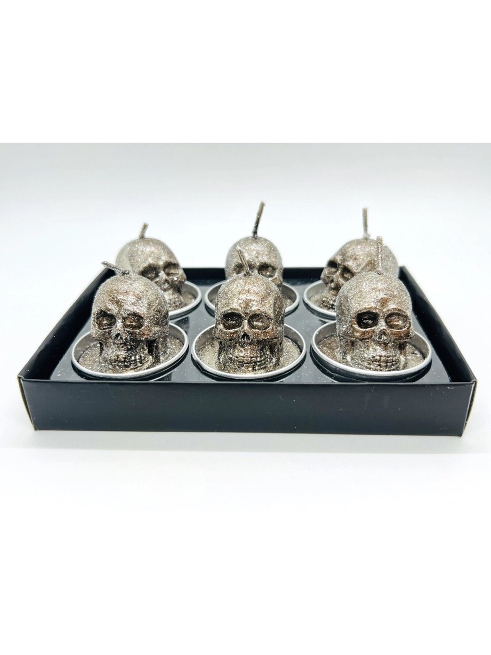 Set of 6 Skull-Shaped Silver Glitter Tealight Candles Halloween Fall Decor